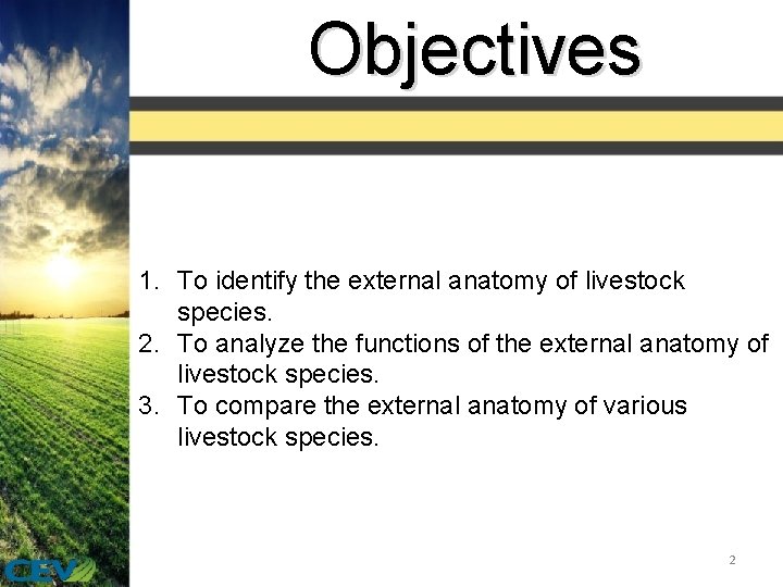 Objectives 1. To identify the external anatomy of livestock species. 2. To analyze the