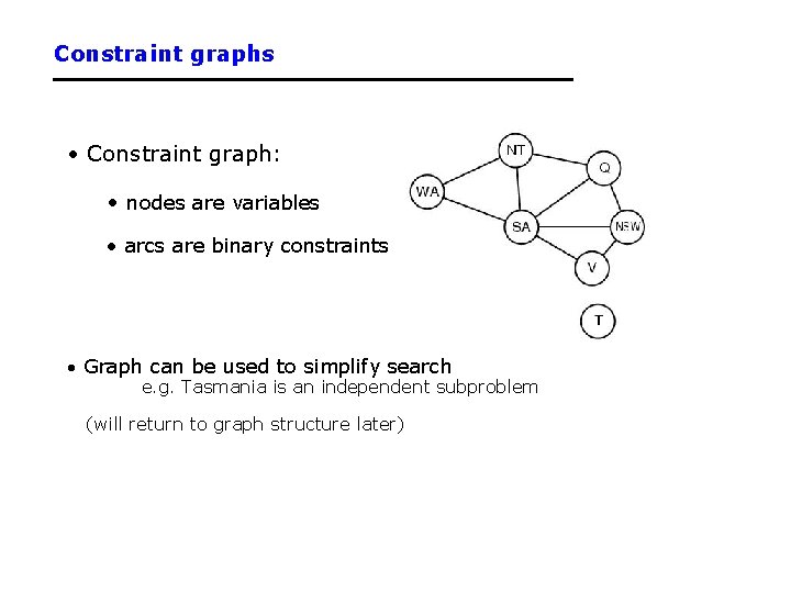 Constraint graphs • Constraint graph: • nodes are variables • arcs are binary constraints