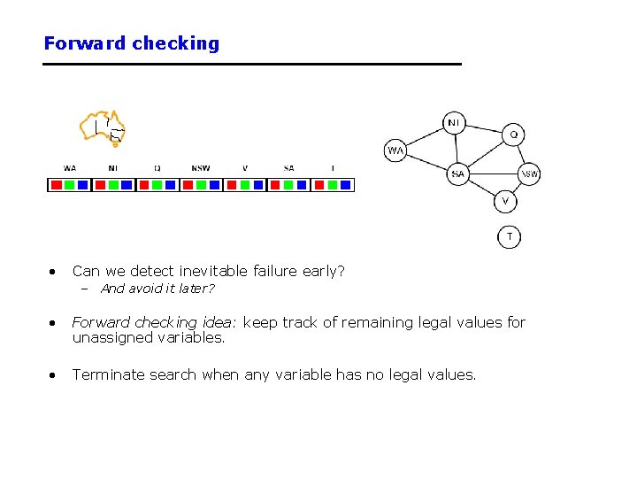 Forward checking • Can we detect inevitable failure early? – And avoid it later?