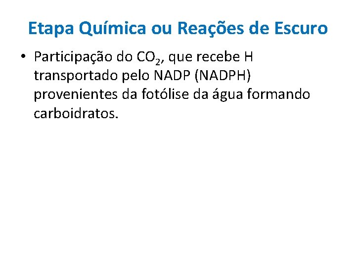 Etapa Química ou Reações de Escuro • Participação do CO 2, que recebe H