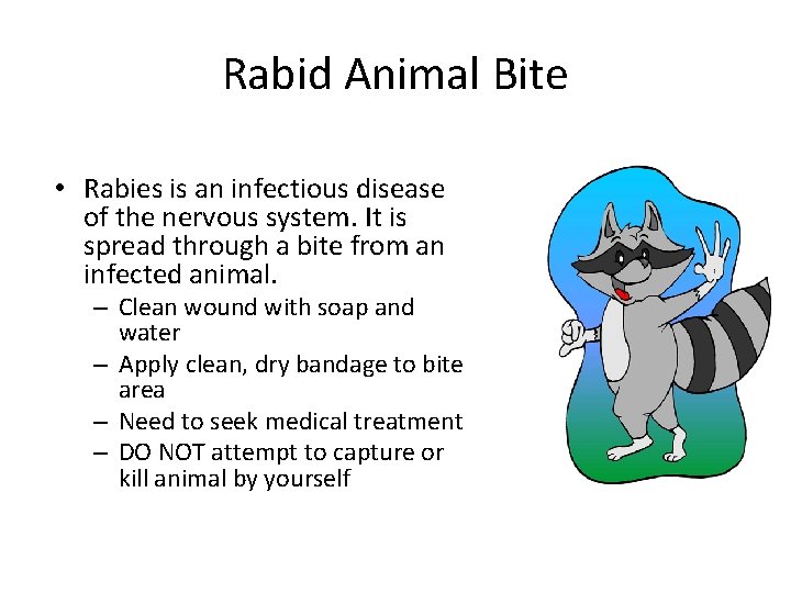 Rabid Animal Bite • Rabies is an infectious disease of the nervous system. It