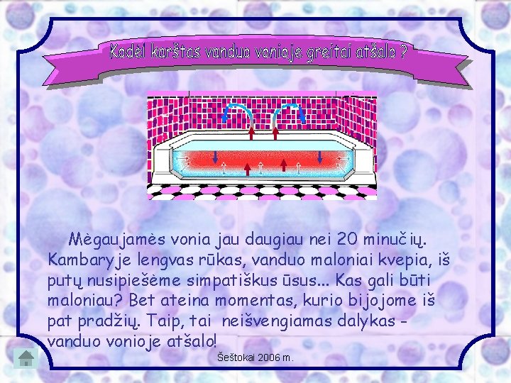 Mėgaujamės vonia jau daugiau nei 20 minučių. Kambaryje lengvas rūkas, vanduo maloniai kvepia, iš