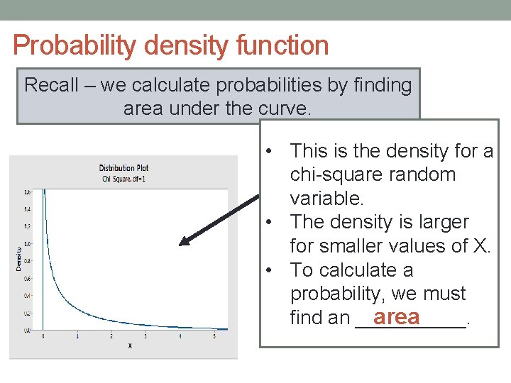 Probability density function Recall – we calculate probabilities by finding area under the curve.