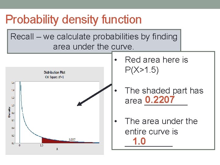 Probability density function Recall – we calculate probabilities by finding area under the curve.