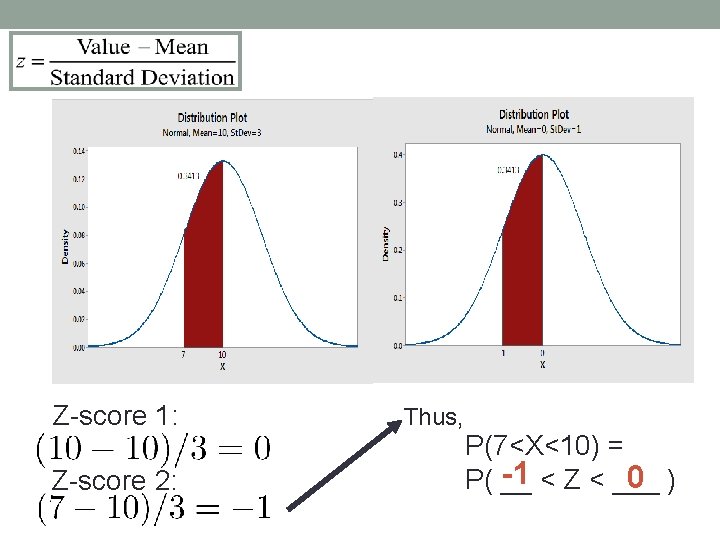 Z-score 1: Z-score 2: Thus, P(7<X<10) = -1 < Z < ___ 0 )