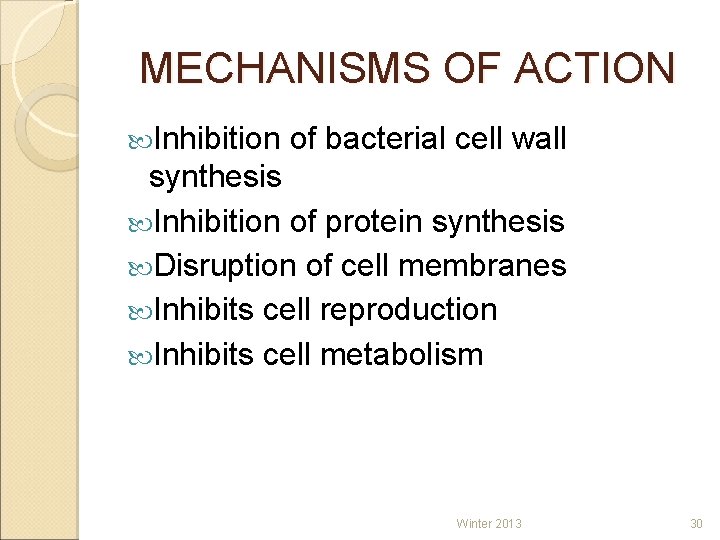 MECHANISMS OF ACTION Inhibition of bacterial cell wall synthesis Inhibition of protein synthesis Disruption