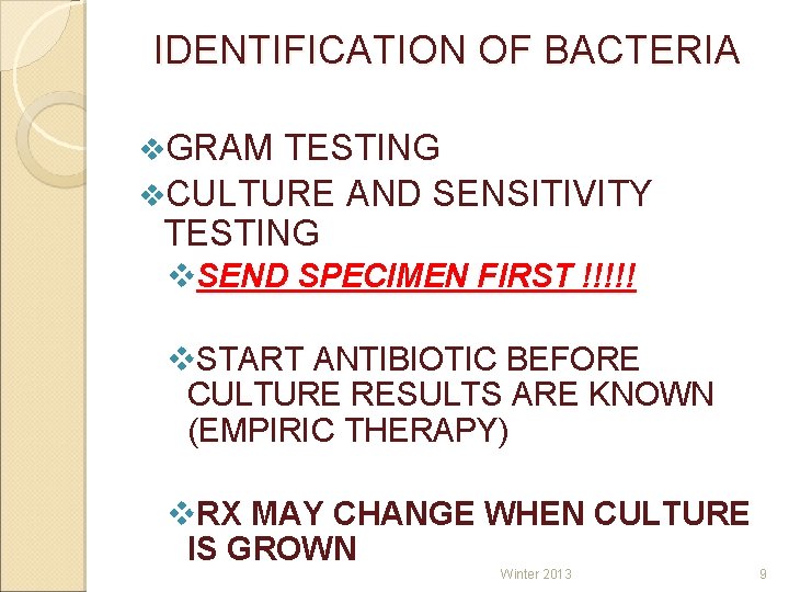IDENTIFICATION OF BACTERIA v. GRAM TESTING v. CULTURE AND SENSITIVITY TESTING v. SEND SPECIMEN