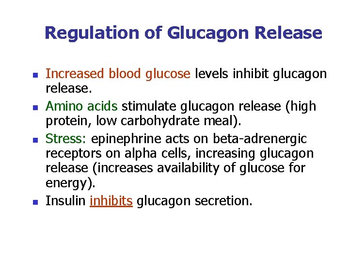 Regulation of Glucagon Release n n Increased blood glucose levels inhibit glucagon release. Amino