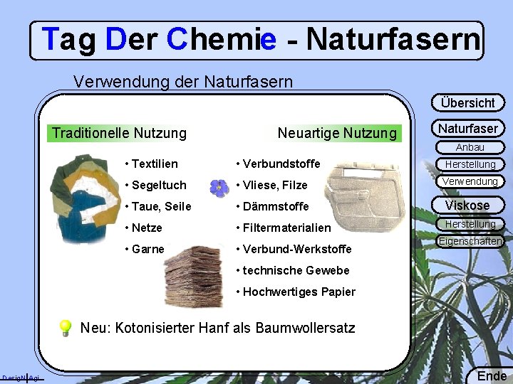 Tag Der Chemie - Naturfasern Verwendung der Naturfasern Übersicht Traditionelle Nutzung Neuartige Nutzung Naturfaser