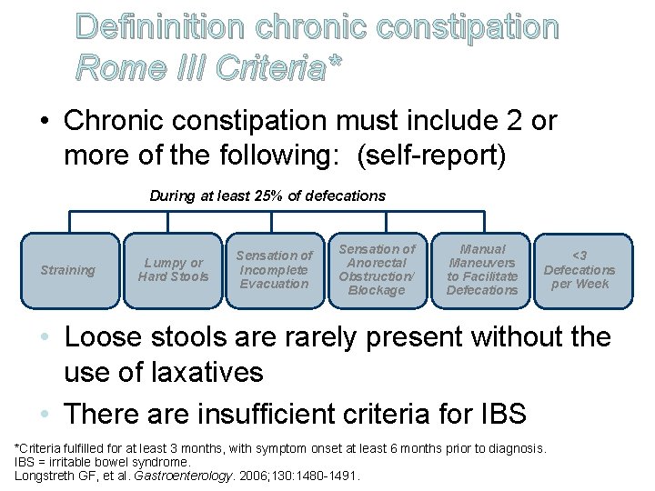 Defininition chronic constipation Rome III Criteria* • Chronic constipation must include 2 or more