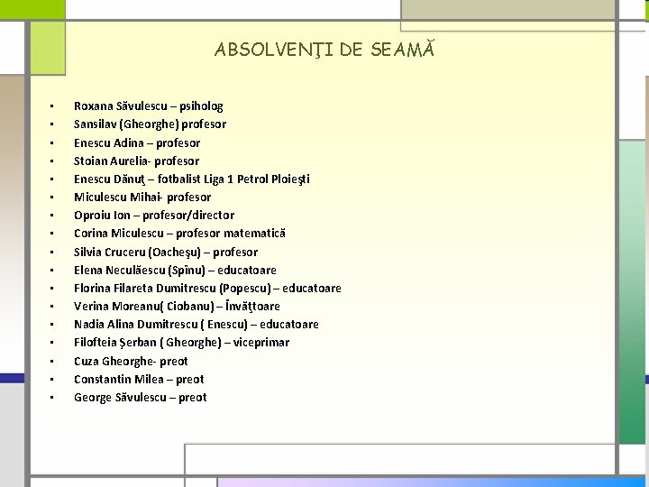 ABSOLVENŢI DE SEAMĂ • • • • • Roxana Săvulescu – psiholog Sansilav (Gheorghe)