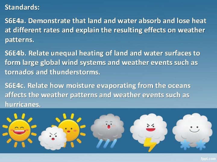 Standards: S 6 E 4 a. Demonstrate that land water absorb and lose heat