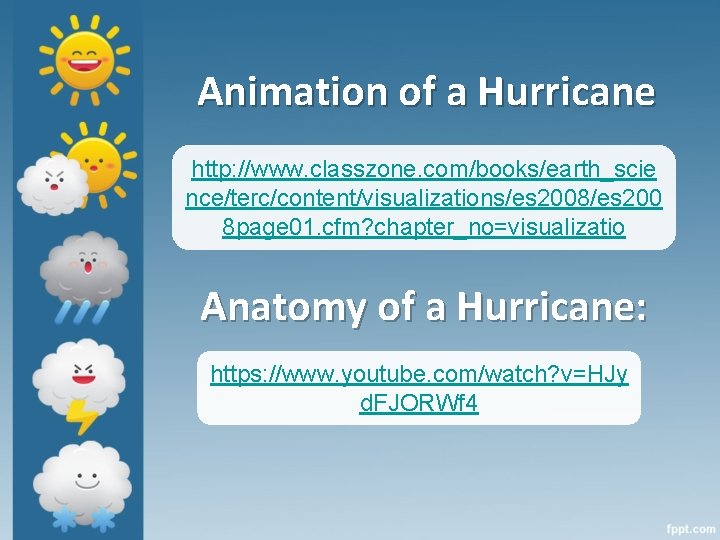 Animation of a Hurricane http: //www. classzone. com/books/earth_scie nce/terc/content/visualizations/es 2008/es 200 8 page 01.