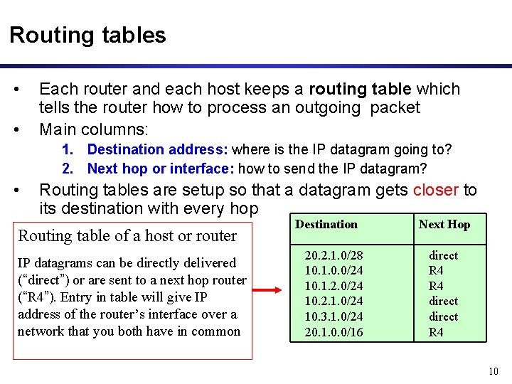 Routing tables • • Each router and each host keeps a routing table which