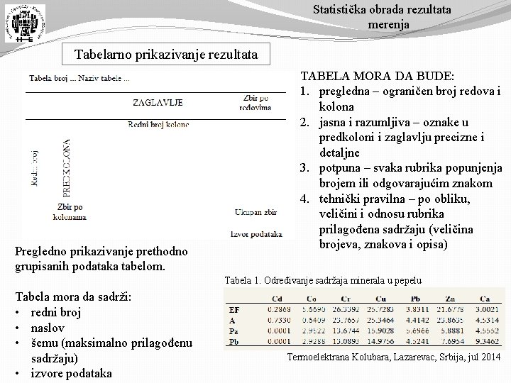 Statistička obrada rezultata merenja Tabelarno prikazivanje rezultata Pregledno prikazivanje prethodno grupisanih podataka tabelom. TABELA