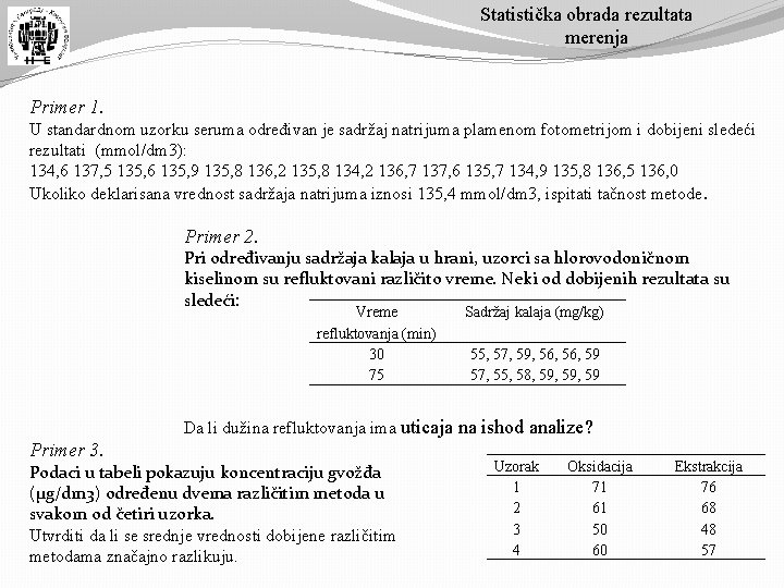 Statistička obrada rezultata merenja Primer 1. U standardnom uzorku seruma određivan je sadržaj natrijuma