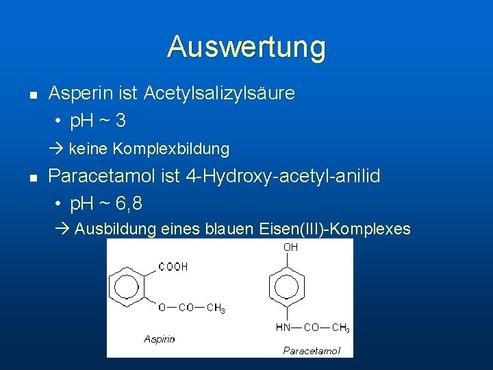 Auswertung n Asperin ist Acetylsalizylsäure • p. H ~ 3 keine Komplexbildung n Paracetamol