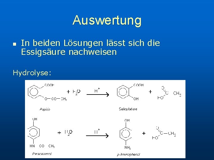 Auswertung n In beiden Lösungen lässt sich die Essigsäure nachweisen Hydrolyse: 