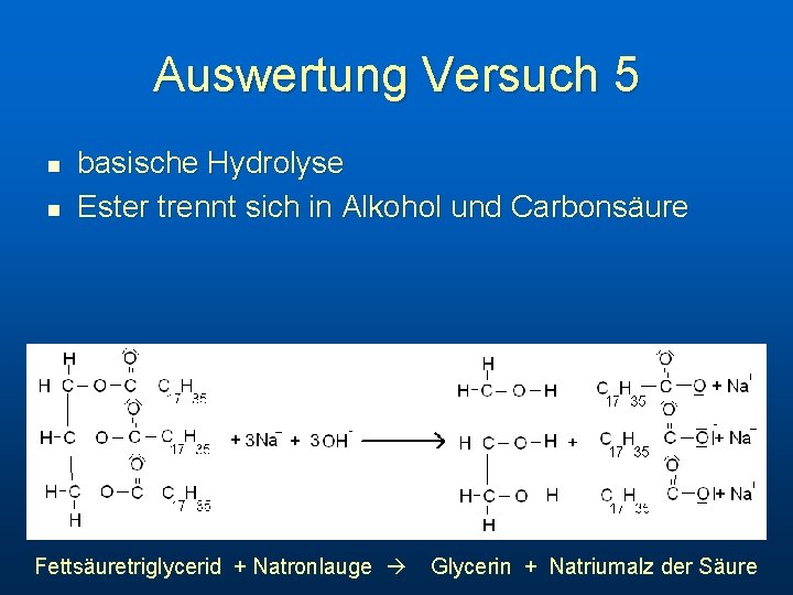 Auswertung Versuch 5 n n basische Hydrolyse Ester trennt sich in Alkohol und Carbonsäure