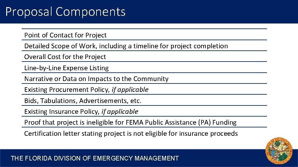 Proposal Components Point of Contact for Project Detailed Scope of Work, including a timeline
