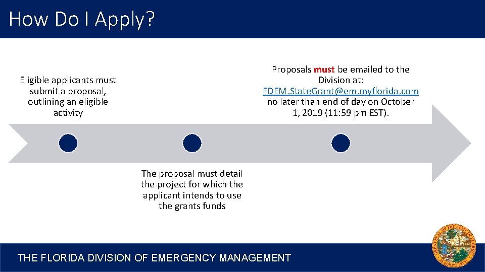 How Do I Apply? Proposals must be emailed to the Division at: FDEM. State.