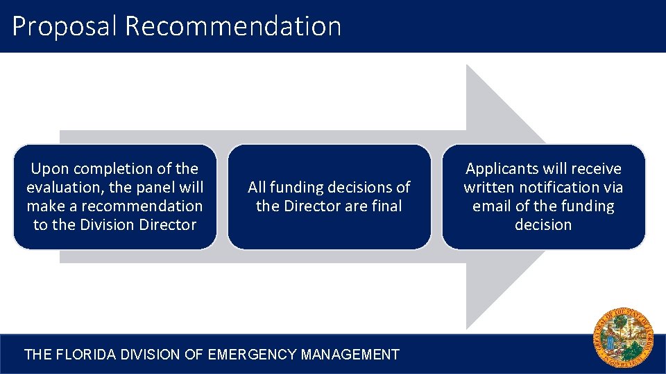 Proposal Recommendation Upon completion of the evaluation, the panel will make a recommendation to
