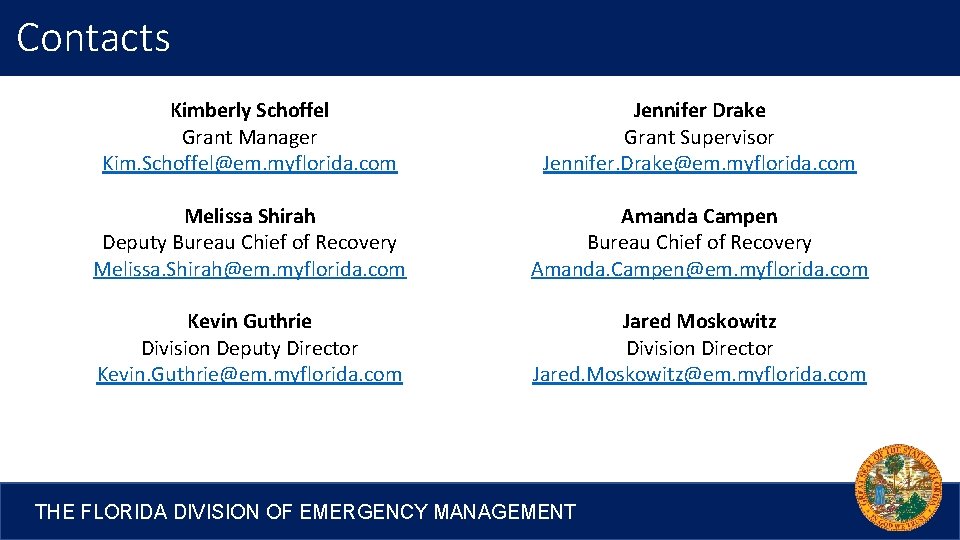 Contacts Kimberly Schoffel Grant Manager Kim. Schoffel@em. myflorida. com Jennifer Drake Grant Supervisor Jennifer.