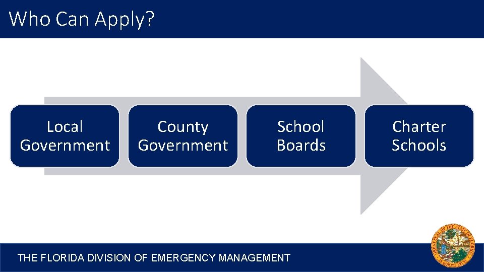 Who Can Apply? Local Government County Government School Boards THE FLORIDA DIVISION OF EMERGENCY