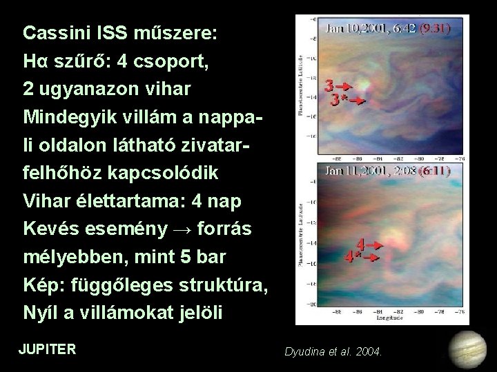 Cassini ISS műszere: Hα szűrő: 4 csoport, 2 ugyanazon vihar Mindegyik villám a nappali