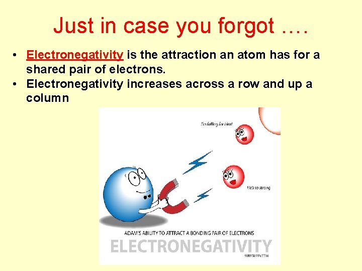 Just in case you forgot …. • Electronegativity is the attraction an atom has