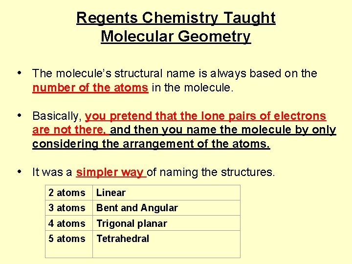 Regents Chemistry Taught Molecular Geometry • The molecule’s structural name is always based on