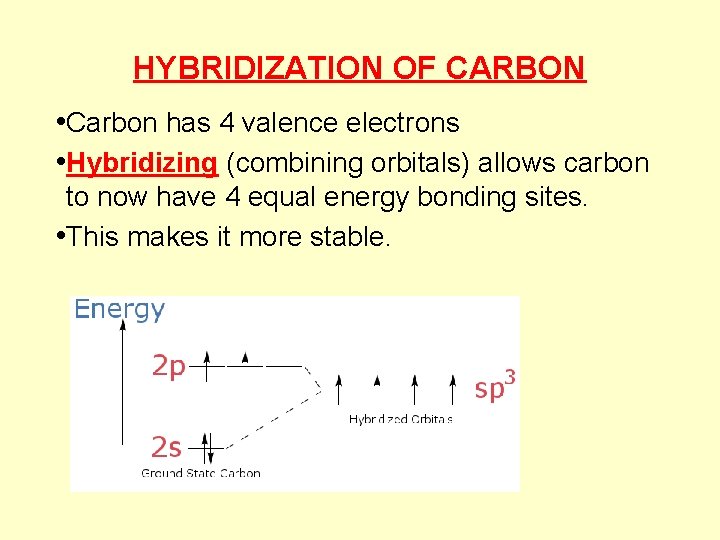 HYBRIDIZATION OF CARBON • Carbon has 4 valence electrons • Hybridizing (combining orbitals) allows