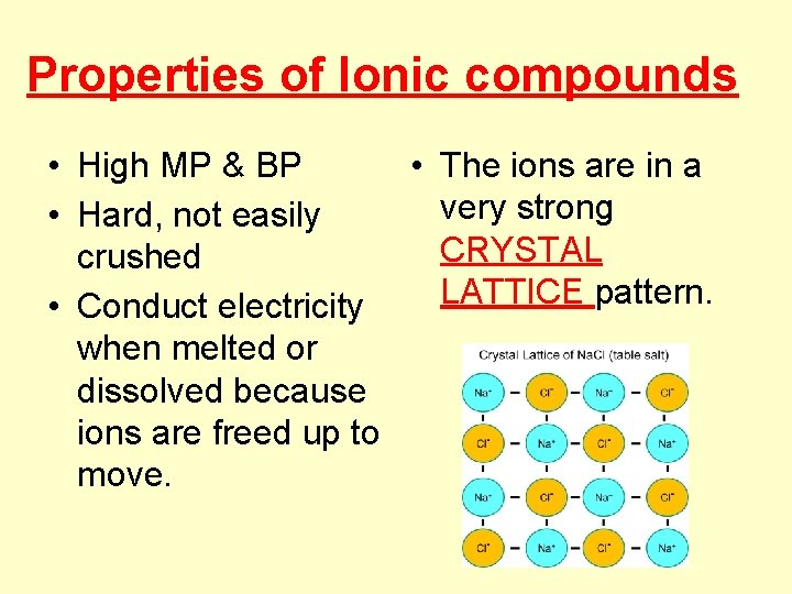Properties of Ionic compounds • High MP & BP • The ions are in