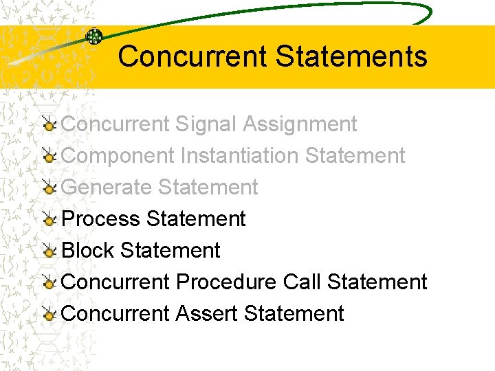 Concurrent Statements Concurrent Signal Assignment Component Instantiation Statement Generate Statement Process Statement Block Statement