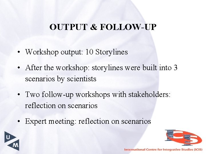 OUTPUT & FOLLOW-UP • Workshop output: 10 Storylines • After the workshop: storylines were