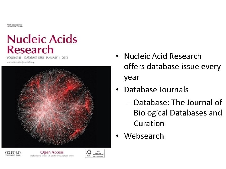  • Nucleic Acid Research offers database issue every year • Database Journals –