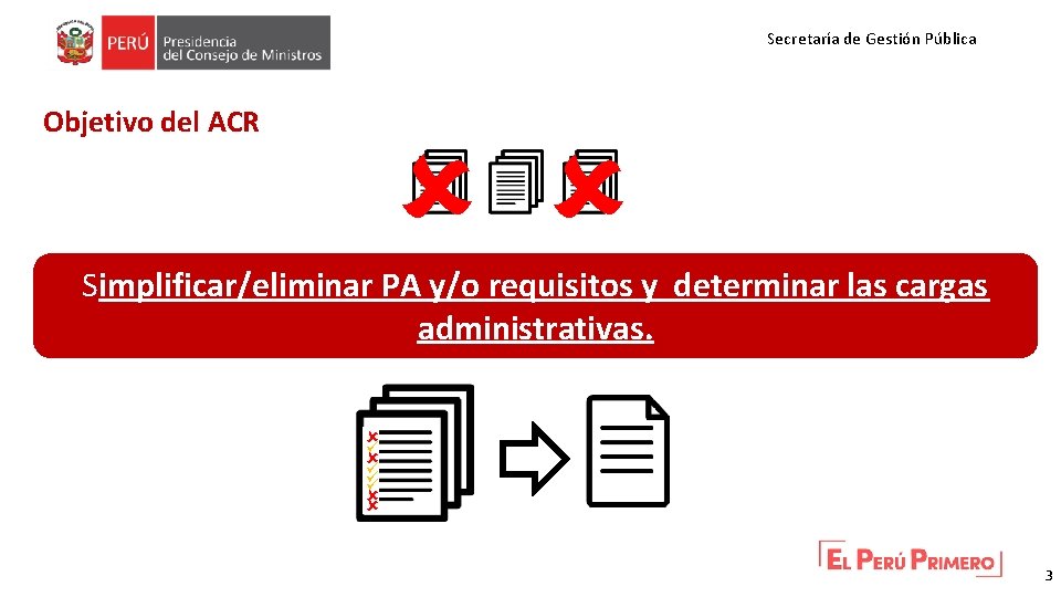 Secretaría de Gestión Pública Objetivo del ACR Simplificar/eliminar PA y/o requisitos y determinar las