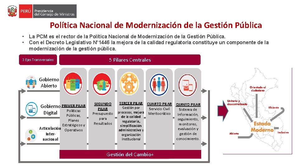 Política Nacional de Modernización de la Gestión Pública • • La PCM es el