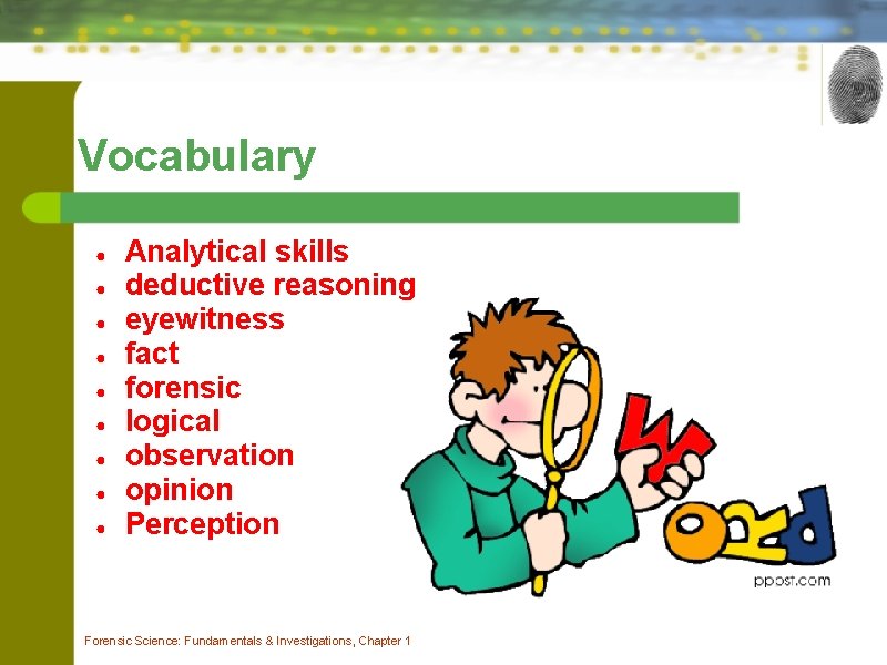 Vocabulary ● ● ● ● ● Analytical skills deductive reasoning eyewitness fact forensic logical