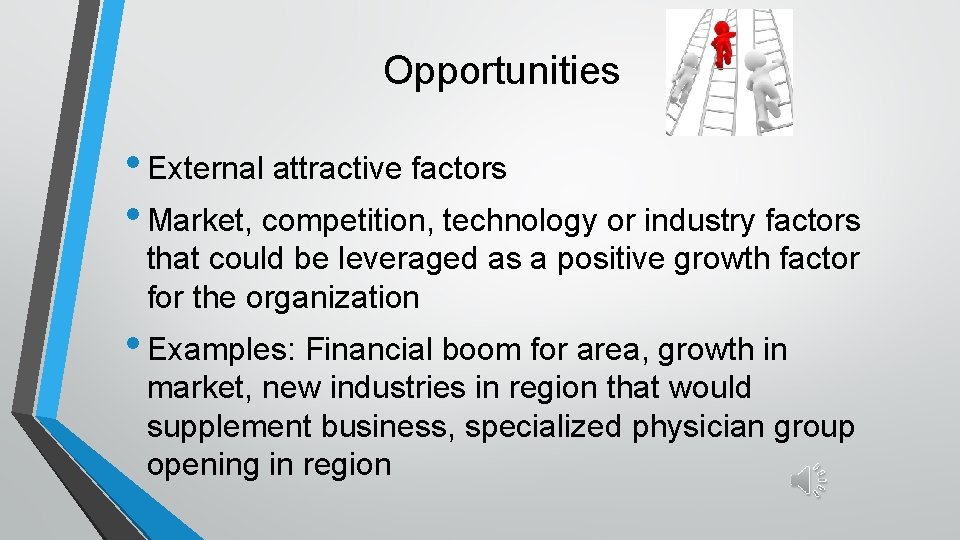 Opportunities • External attractive factors • Market, competition, technology or industry factors that could