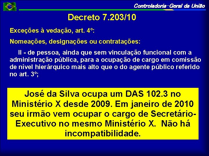 Controladoria-Geral da União Decreto 7. 203/10 Exceções à vedação, art. 4º: Nomeações, designações ou