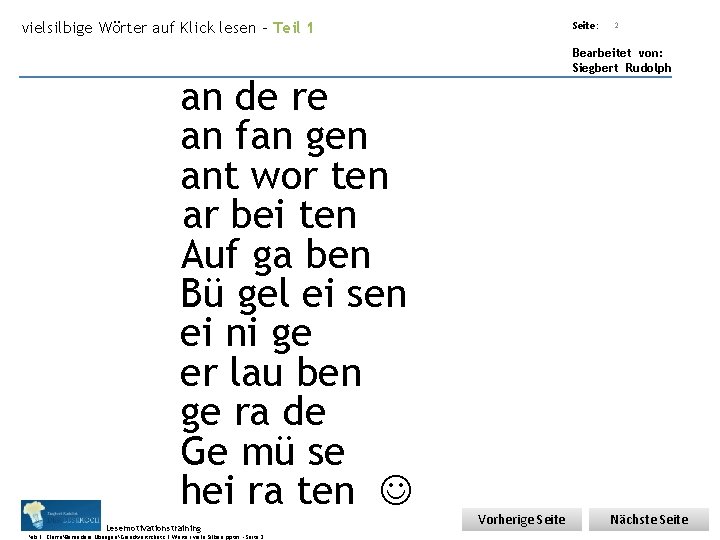 Übungsart: vielsilbige Wörter auf Klick lesen – Teil 1 an de re an fan