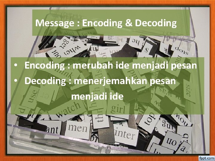 Message : Encoding & Decoding • Encoding : merubah ide menjadi pesan • Decoding