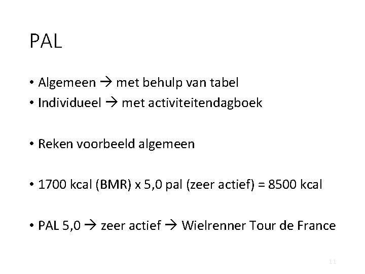 PAL • Algemeen met behulp van tabel • Individueel met activiteitendagboek • Reken voorbeeld