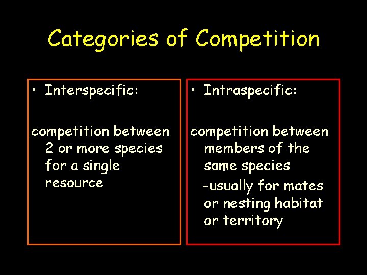 Categories of Competition • Interspecific: • Intraspecific: competition between 2 or more species for