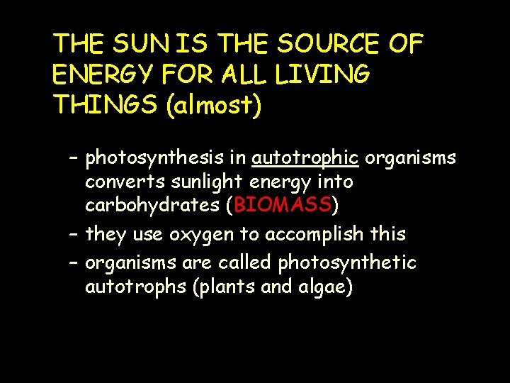 THE SUN IS THE SOURCE OF ENERGY FOR ALL LIVING THINGS (almost) – photosynthesis