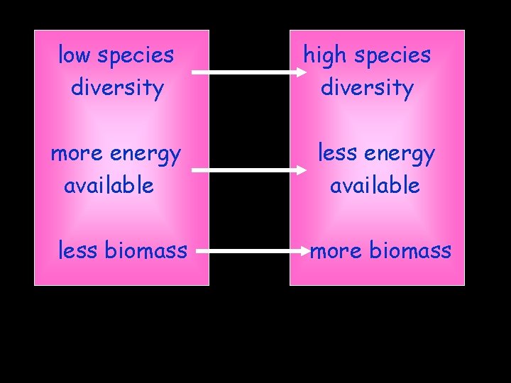 low species diversity high species diversity more energy available less biomass more biomass 
