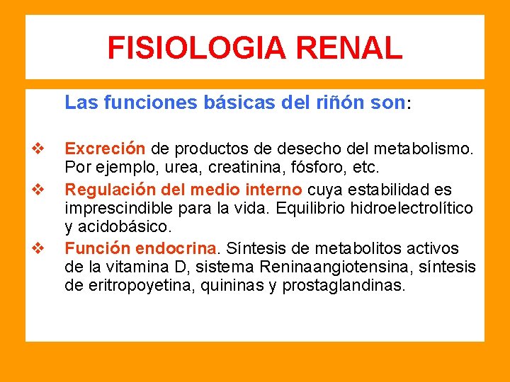 FISIOLOGIA RENAL Las funciones básicas del riñón son: v v v Excreción de productos