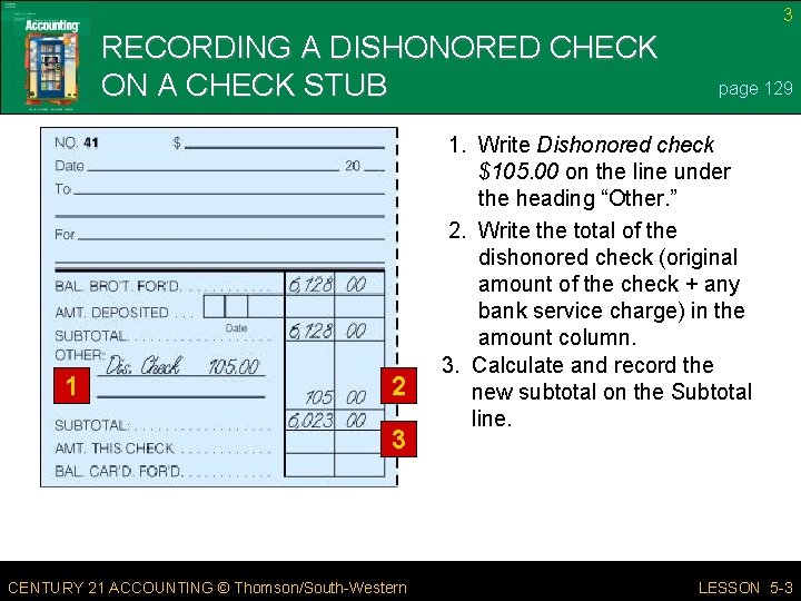 3 RECORDING A DISHONORED CHECK ON A CHECK STUB 1 2 3 CENTURY 21