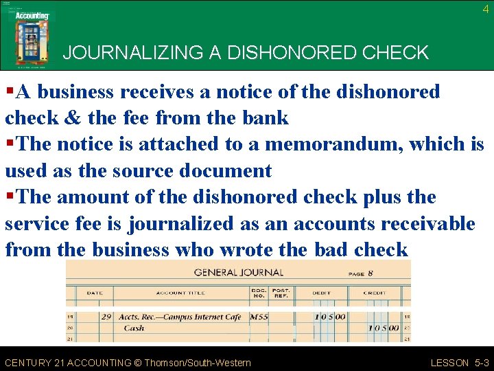 4 JOURNALIZING A DISHONORED CHECK §A business receives a notice of the dishonored check